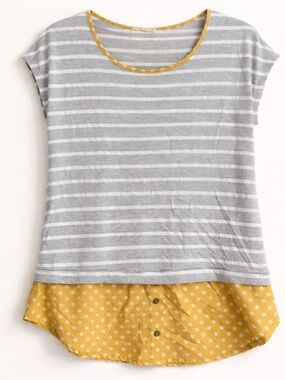 LE LIS Gray Stripe Mustard Polka Dot Layered Top Small